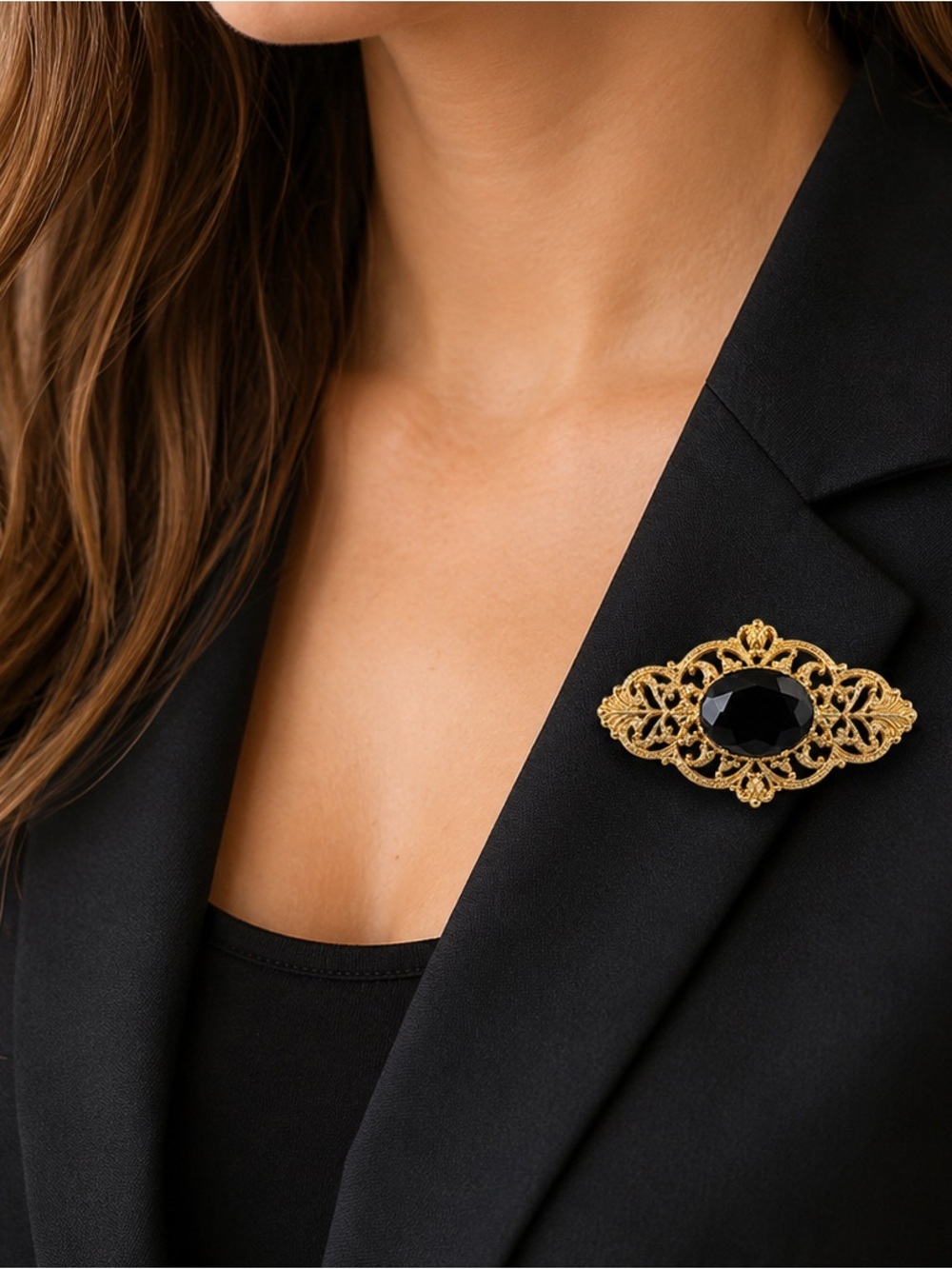 Vintage Victorian Style Gold Tone Filigree Brooch with Faceted Black Stone